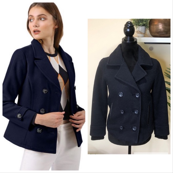 Topshop Wool Blend Navy Double Breasted Short Peacoat 2 - Picture 1 of 8